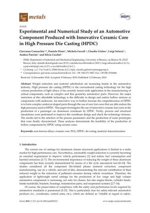 Experimental and Numerical Study of an Automotive Component Produced with Innovative Ceramic Core in High Pressure Die Casting (HPDC)