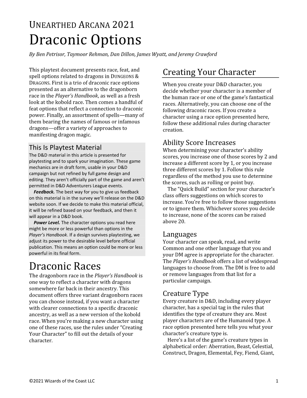 UNEARTHED ARCANA 2021 Draconic Options by Ben Petrisor, Taymoor Rehman, Dan Dillon, James Wyatt, and Jeremy Crawford