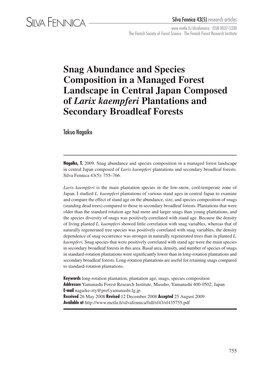 Snag Abundance and Species Composition in a Managed Forest Landscape in Central Japan Composed of Larix Kaempferi Plantations and Secondary Broadleaf Forests
