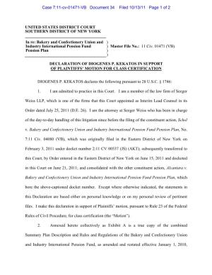 UNITED STATES DISTRICT COURT SOUTHERN DISTRICT of NEW YORK in Re: Bakery and Confectionery Union and Industry International Pens