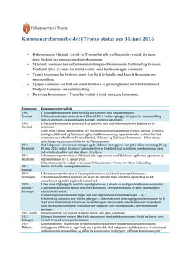 Kommunereformarbeidet I Troms–Status Per 30. Juni 2016