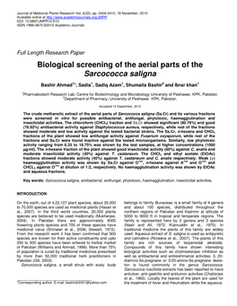 Biological Screening of the Aerial Parts of the Sarcococca Saligna
