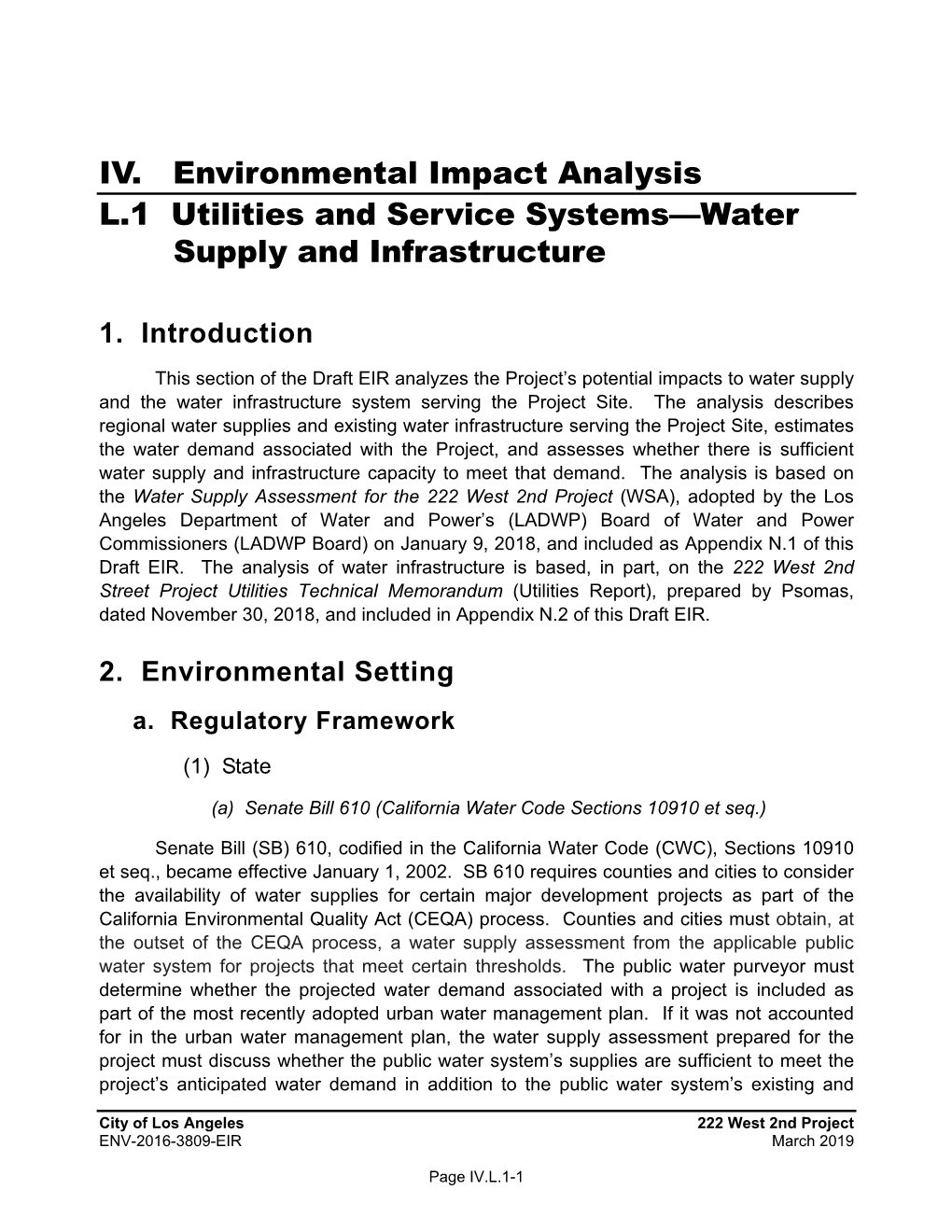 IV. Environmental Impact Analysis L.1 Utilities and Service Systems—Water Supply and Infrastructure