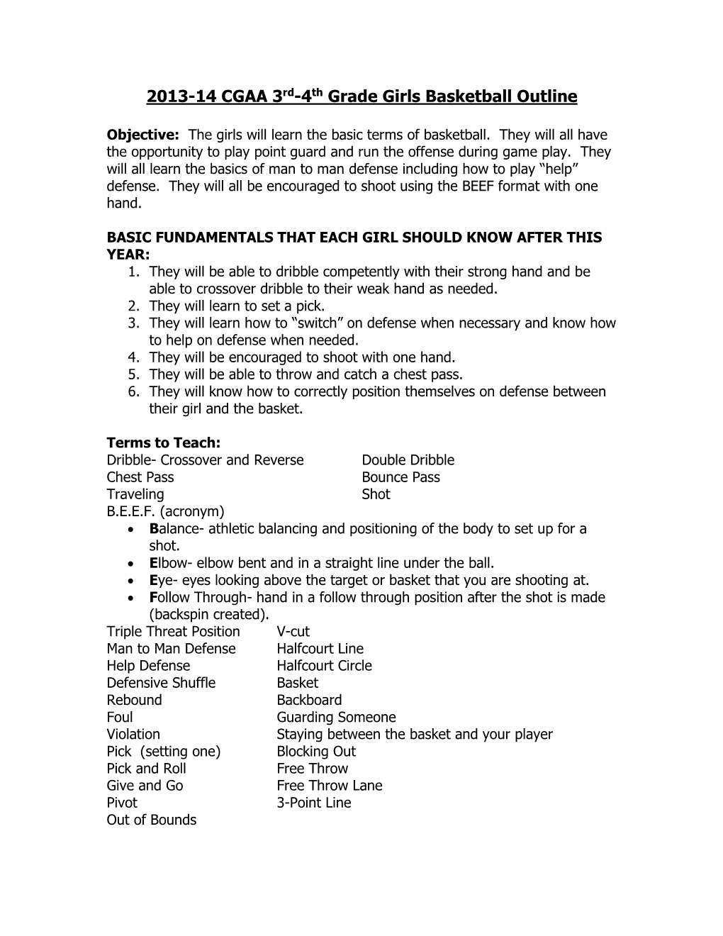 2008-09 CGAA 3Rd & 4Th Grade Girls Basketball Outline