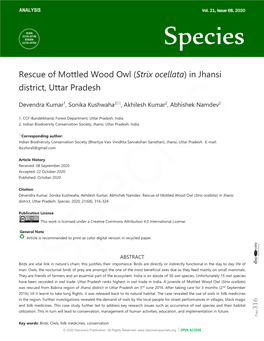 Rescue of Mottled Wood Owl (Strix Ocellata) in Jhansi District, Uttar Pradesh