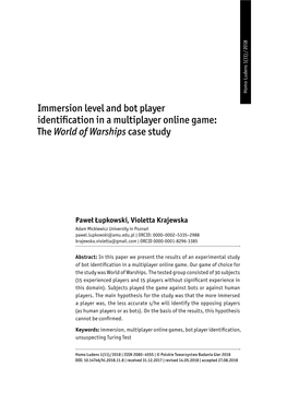 Immersion Level and Bot Player Identification in a Multiplayer Online Game: the World of Warships Case Study