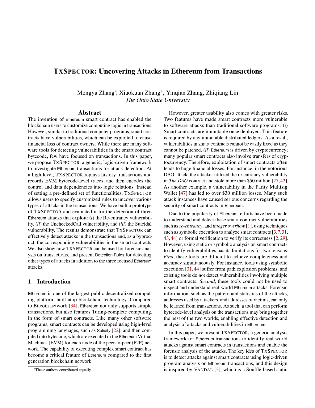 TXSPECTOR: Uncovering Attacks in Ethereum from Transactions