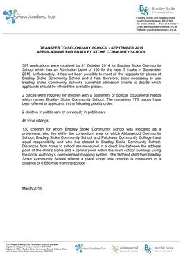 September 2015 Applications for Bradley Stoke Community School