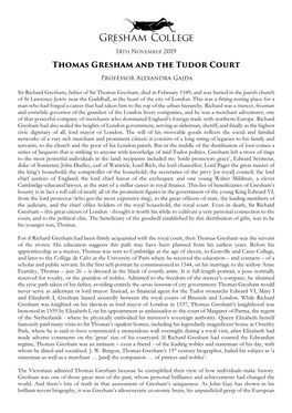 Thomas Gresham and the Tudor Court Professor Alexandra Gajda
