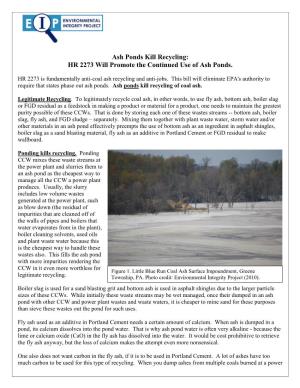 Ash Ponds Kill Recycling: HR 2273 Will Promote the Continued Use of Ash Ponds