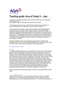 Teaching Guide: Area of Study 5 – Jazz