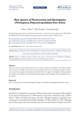 Trichoptera, Polycentropodidae) from China 39 Doi: 10.3897/Zookeys.169.1827 Research Article Launched to Accelerate Biodiversity Research