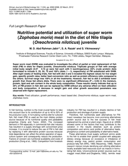 Nutritive Potential and Utilization of Super Worm (Zophobas Morio)