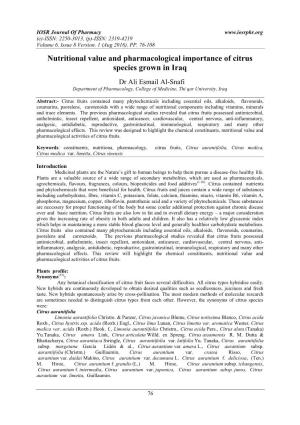 Nutritional Value and Pharmacological Importance of Citrus Species Grown in Iraq