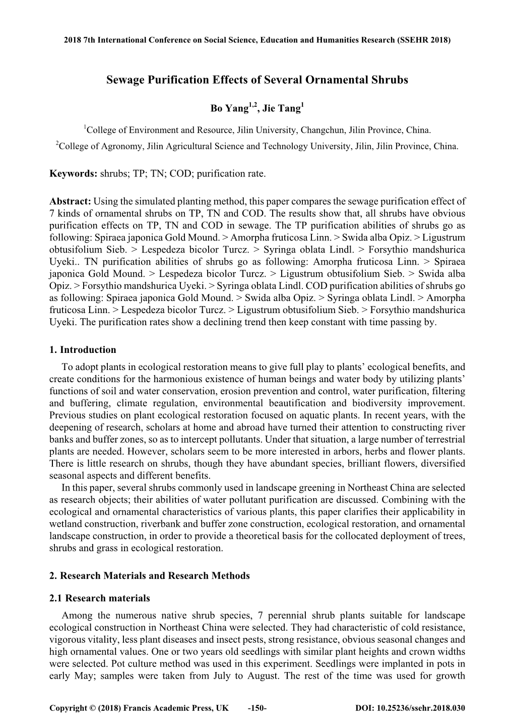 Sewage Purification Effects of Several Ornamental Shrubs