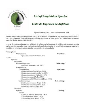 List of Amphibian Species Lista De Especies De Anfibios
