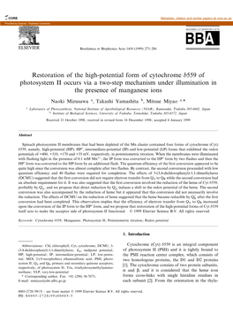 Restoration of the High-Potential Form of Cytochrome B559 of Photosystem II Occurs Via a Two-Step Mechanism Under Illumination in the Presence of Manganese Ions