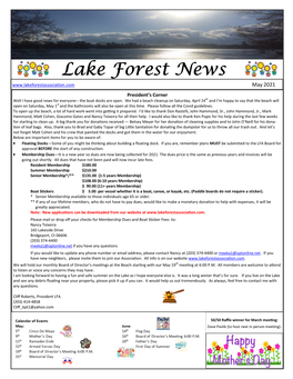 Lake Forest News May 2021 President’S Corner Well I Have Good News for Everyone-- the Boat Docks Are Open