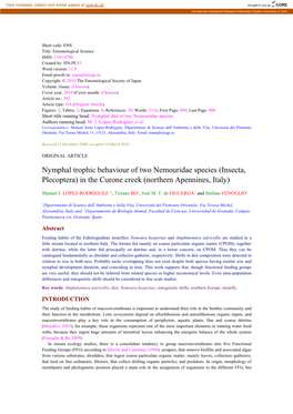 Nymphal Trophic Behaviour of Two Nemouridae Species (Insecta, Plecoptera) in the Curone Creek (Northern Apennines, Italy)