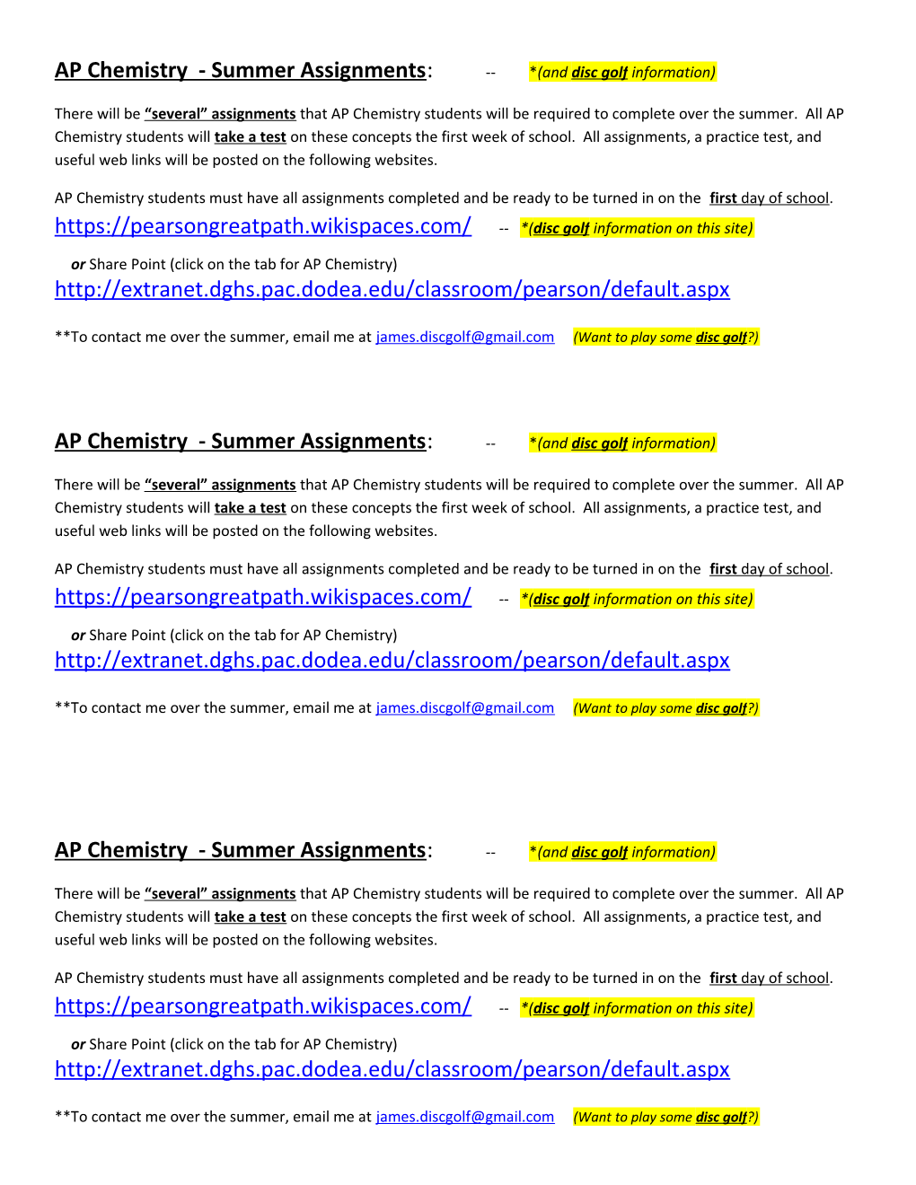 AP Chemistry - Summer Assignments : *(And Disc Golf Information)