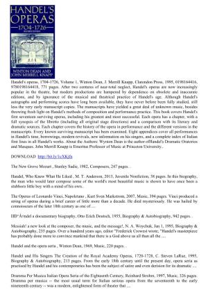 Download Handel's Operas, 1704-1726, Volume 1, Winton Dean