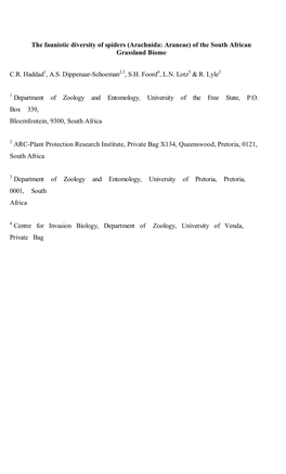 The Faunistic Diversity of Spiders (Arachnida: Araneae) of the South African Grassland Biome