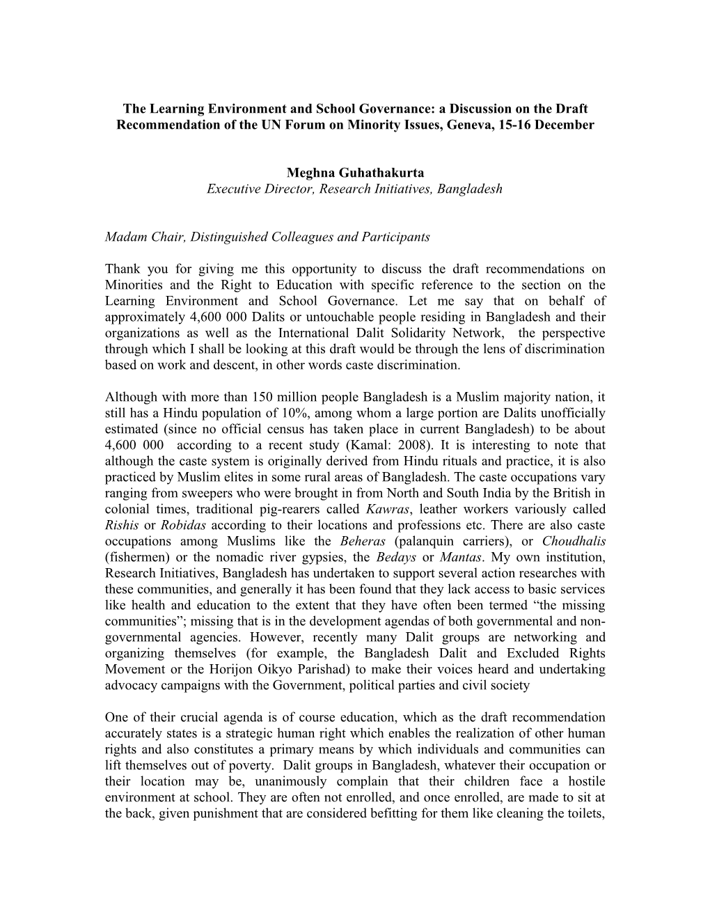 The Learning Environment And School Governance: A Discussion On The Draft Recommendation Of The UN Forum On Minority Issues, Geneva