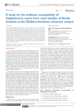 A Study on the Antibiotic Susceptibility of Staphylococcus Aureus from Nasal Samples of Female Students at the Obafemi Awolowo University Campus