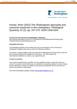 The Shakespeare Apocrypha and Canonical Expansion in the Marketplace. Philological Quarterly, 91 (2)