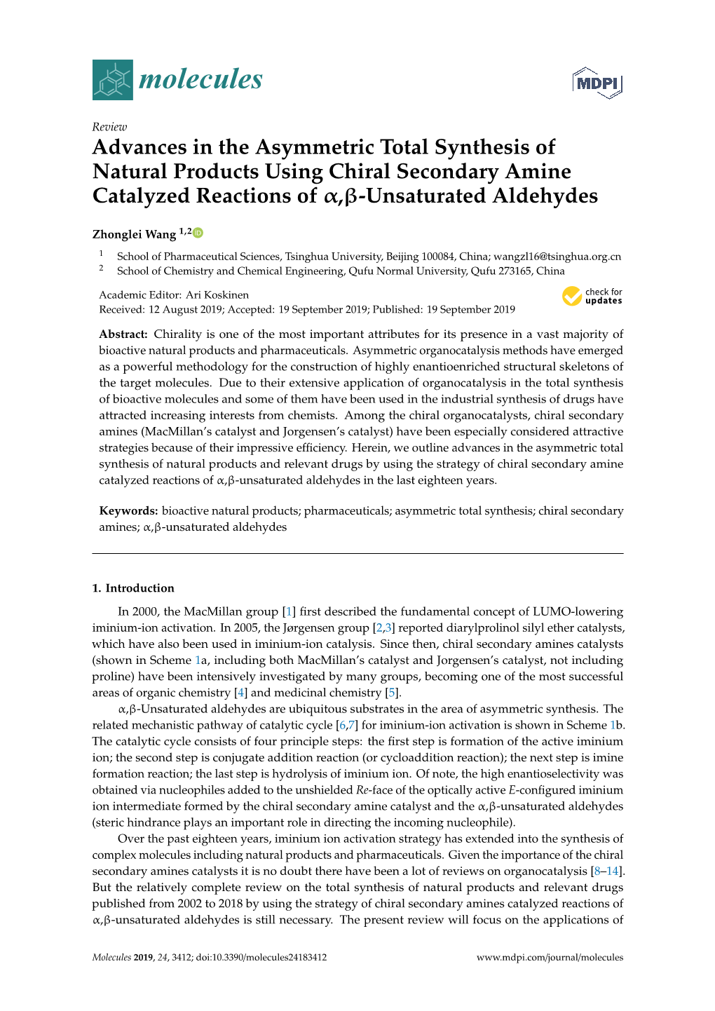 Advances in the Asymmetric Total Synthesis of Natural Products Using Chiral Secondary Amine Catalyzed Reactions of Α,Β-Unsaturated Aldehydes