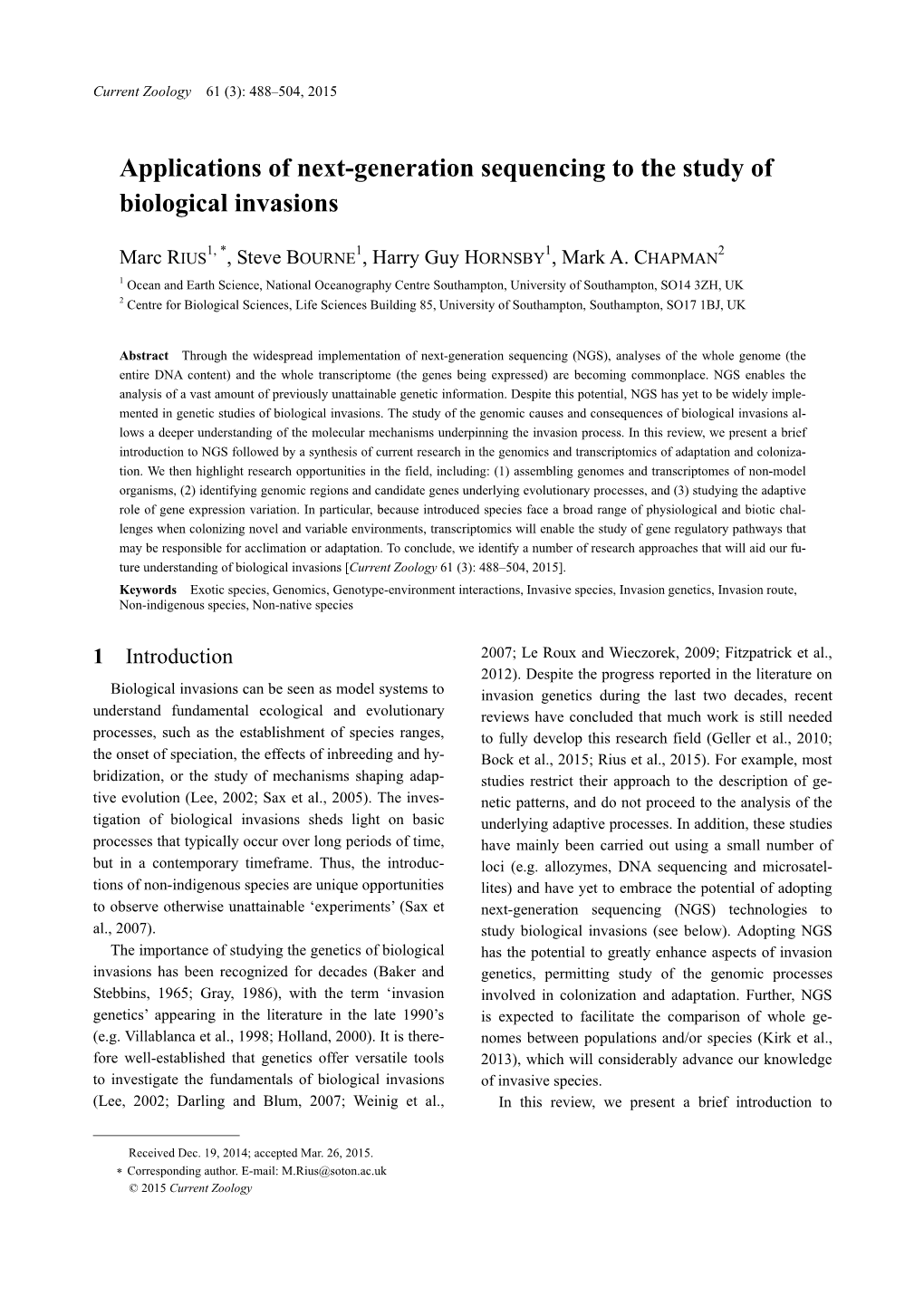 Applications of Next-Generation Sequencing to the Study of Biological Invasions