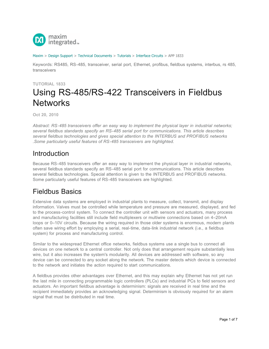Using RS-485/RS-422 Transceivers in Fieldbus Networks