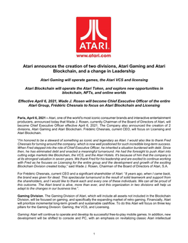 Atari Announces the Creation of Two Divisions, Atari Gaming and Atari Blockchain, and a Change in Leadership