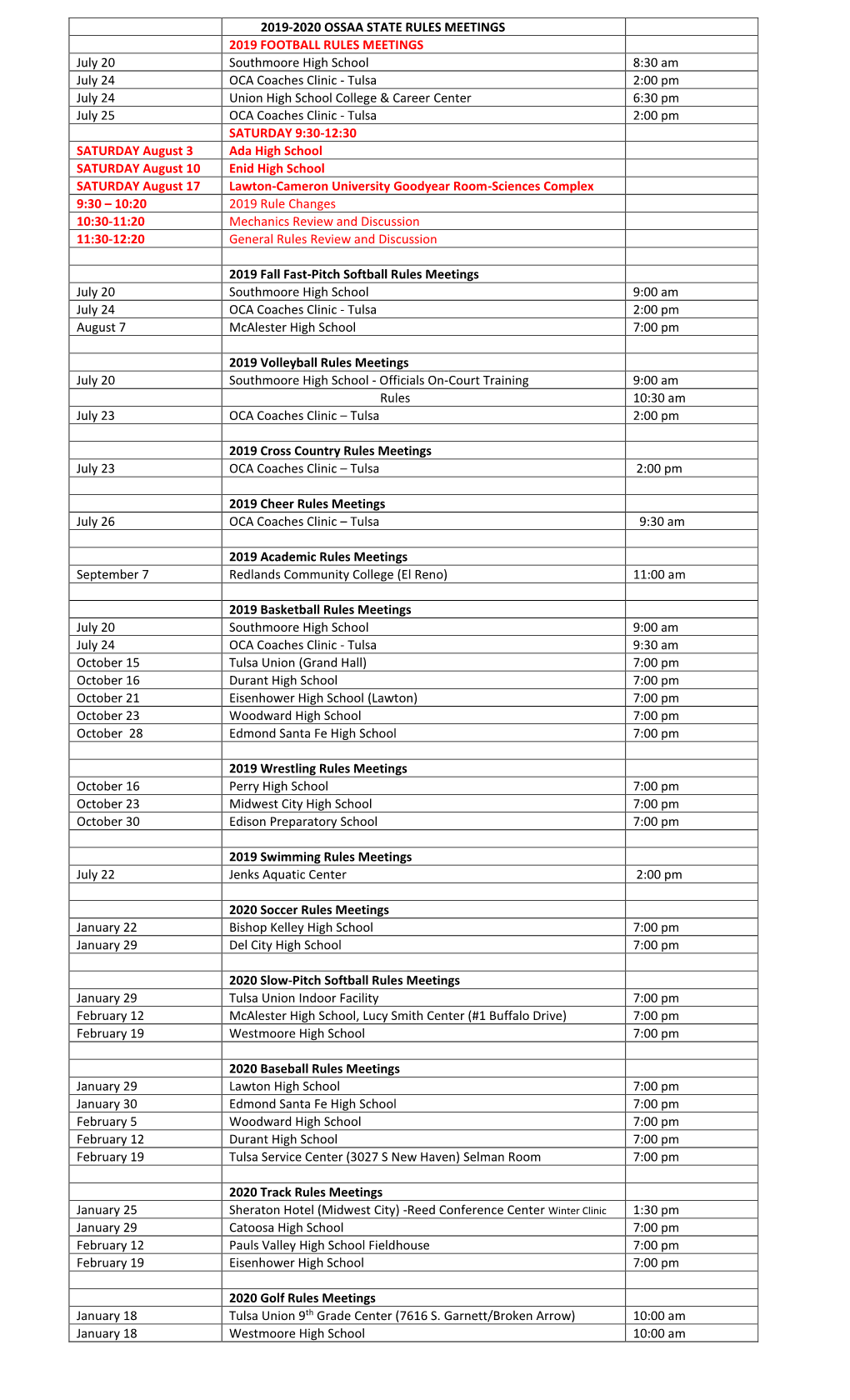 2019-2020 OSSAA STATE RULES MEETINGS 2019 FOOTBALL RULES MEETINGS July 20 Southmoore High School 8:30 Am July 24 OCA Coaches