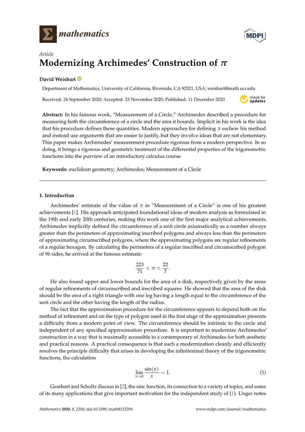 Modernizing Archimedes' Construction Of