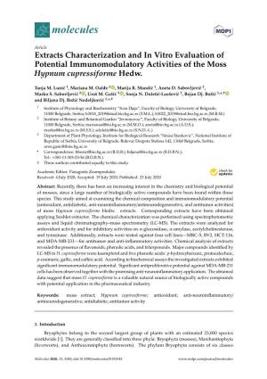 Extracts Characterization and in Vitro Evaluation of Potential Immunomodulatory Activities of the Moss Hypnum Cupressiforme Hedw