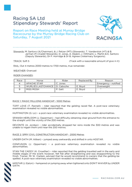 Racing SA Ltd Stipendiary Stewards' Report