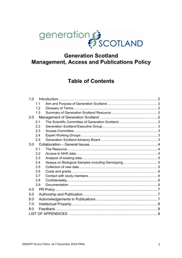 Generation Scotland Management, Access and Publications Policy Table of Contents