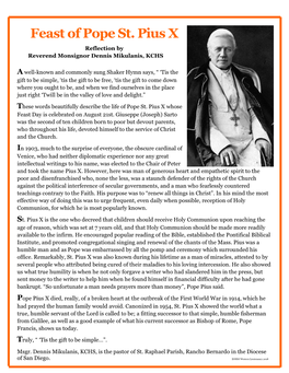 Feast of Pope St. Pius X Reflection by Reverend Monsignor Dennis Mikulanis, KCHS