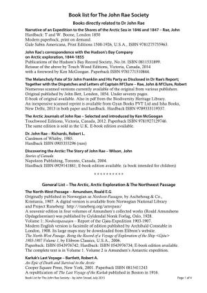 Book List for the John Rae Society