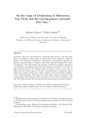 On the Verge of Umdeutung in Minnesota: Van Vleck and the Correspondence Principle. Part One. ?