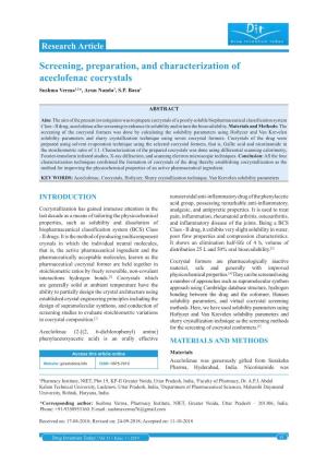 Screening, Preparation, and Characterization of Aceclofenac Cocrystals Sushma Verma1,2*, Arun Nanda3, S.P