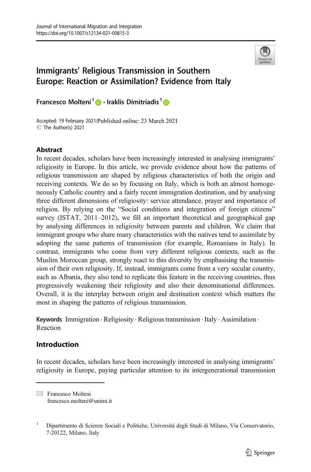 Immigrants' Religious Transmission in Southern Europe: Reaction Or Assimilation? Evidence from Italy