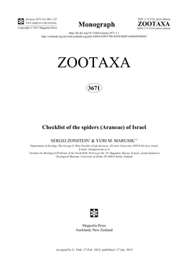 Checklist of the Spiders (Araneae) of Israel