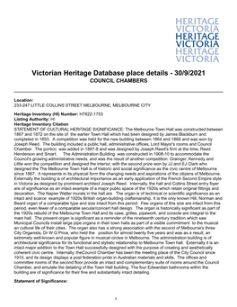 Victorian Heritage Database Place Details - 30/9/2021 COUNCIL CHAMBERS