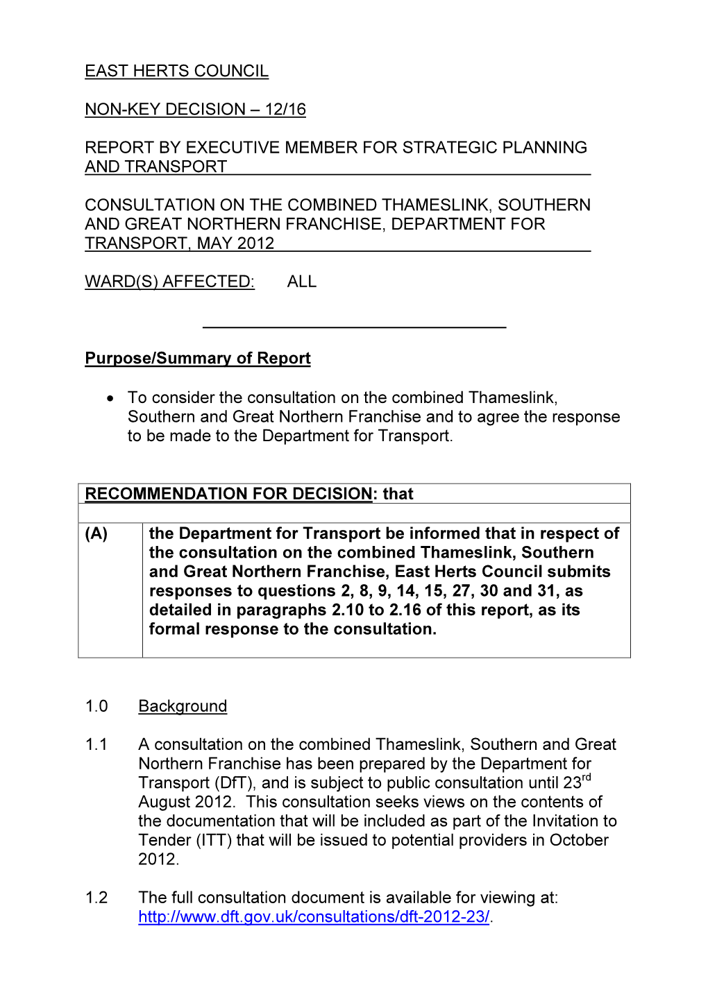 East Herts Council Non-Key Decision – 12/16 Report By