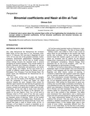 Binomial Coefficients and Nasir Al-Din Al-Tusi