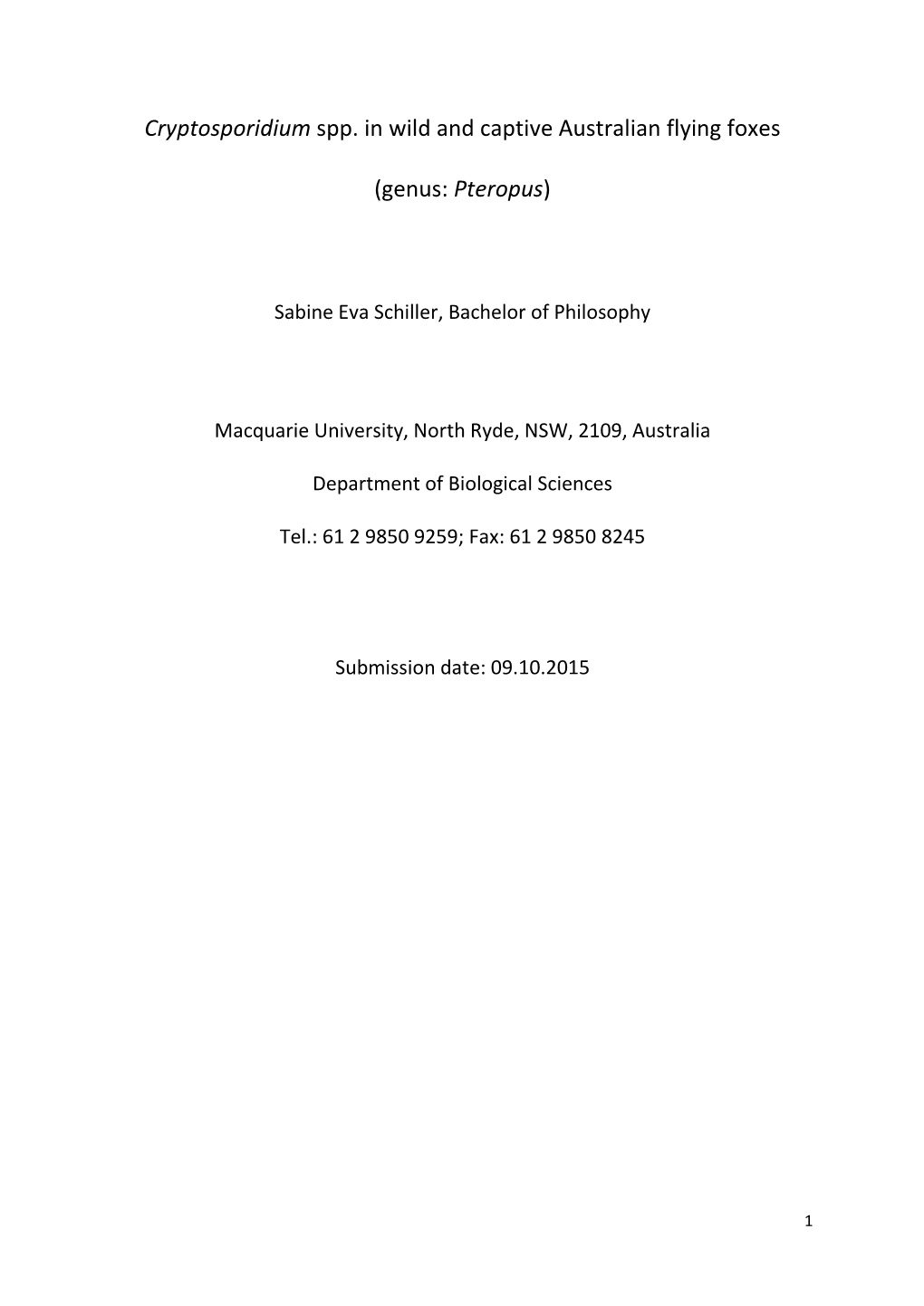 Cryptosporidium Spp. in Wild and Captive Australian Flying Foxes