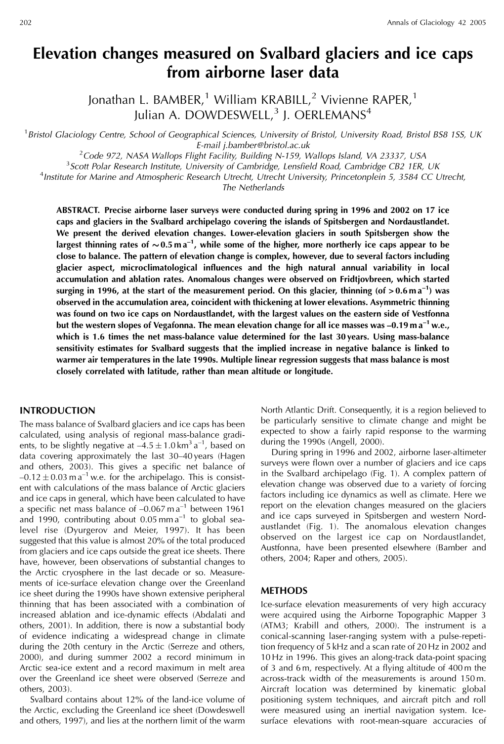 Elevation Changes Measured on Svalbard Glaciers and Ice Caps from Airborne Laser Data