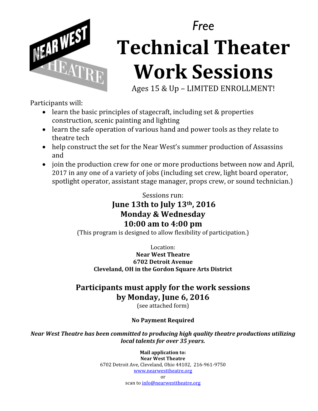 Technical Theater Work Sessions Ages 15 & up – LIMITED ENROLLMENT!